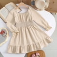 thumbnail image 3 of Girls Long Sleeve Dress with Smocked Waist & Square Neck, Beige Party Everyday Casual Ruffle Hem Dress for Kids 4-13 Years,Size 12-13T, 3 of 7
