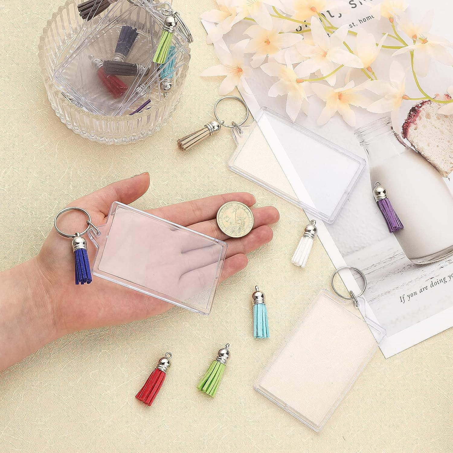 16Pcs Rectangle Acrylic Photo Frame Keychain with Iron Key Ring with 16Pcs 8 Colors Suede Tassels Mixed Color 3.8~12.2x1cm