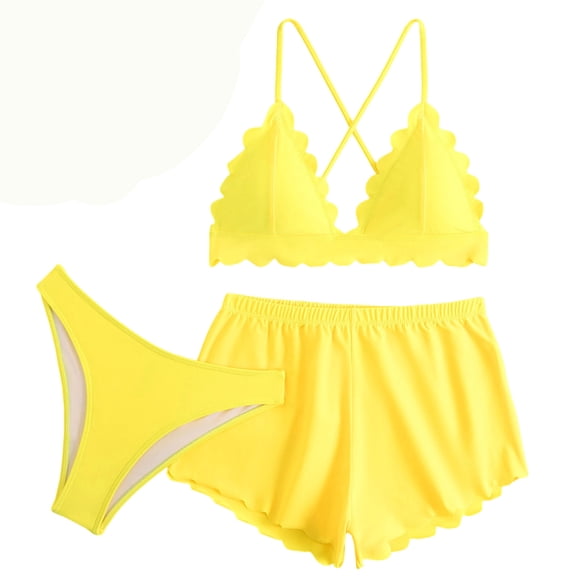 FRSASU Swimsuits for Women 3 Piece Bathing Suit Split Bikini Swimwear with Shorts Beach Swimwear Yellow