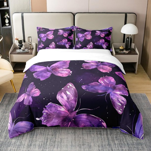 Mariposa 100% Algodón Funda Nórdica King Size,Purple Butterflies Comforter