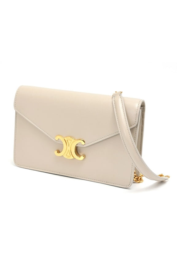 Pre-Owned CELINE Chain Wallet Margot Shoulder 10L03 Shiny Calfskin Greige S-157624 (Good)