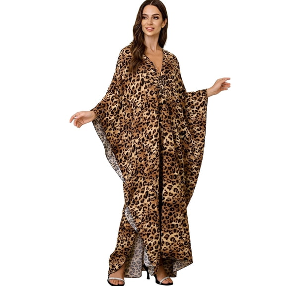 luopital Women Kaftan Dresses Plus Size V-Neck Batwing Sleeves Beach Cover Up Summer Floral Print Caftan Dress Brown Leopard Spots