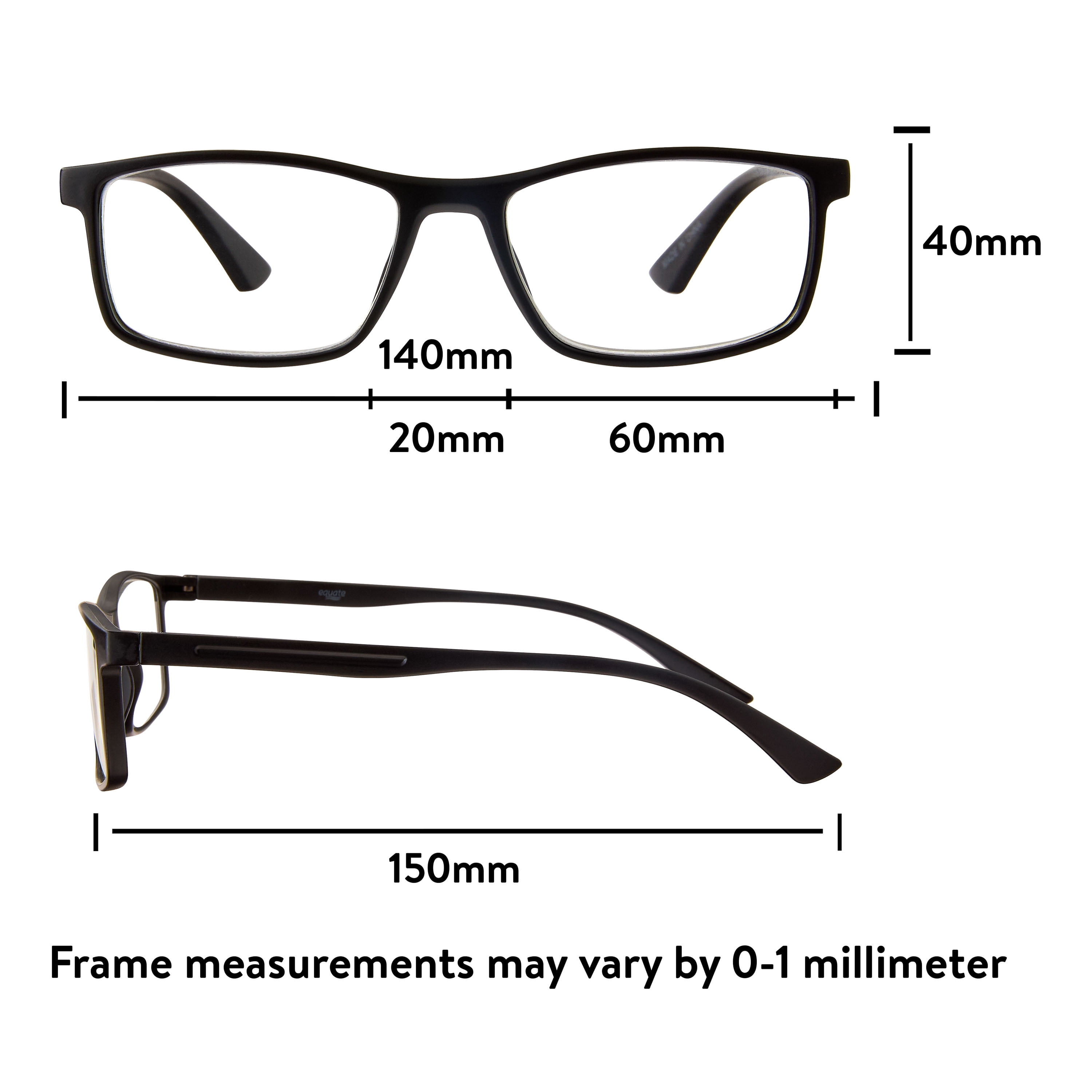 (2 pack) Equate Jackson Mens Rectangular Plastic Reading Glasses with Case, Matte Black, +1.75