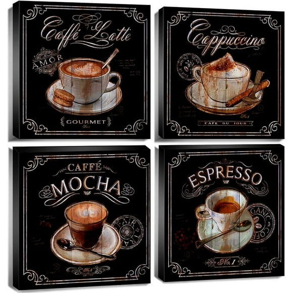 Retro Coffee Wall Decor for Kitchen Coffee Bar Signs Wall Art for Dining Room Brown Black Cafe Cup Pictures Canvas Print Latte Mocha Painting Modern Artwork Bar Restaurant Home Decor 16x16” 4Pcs