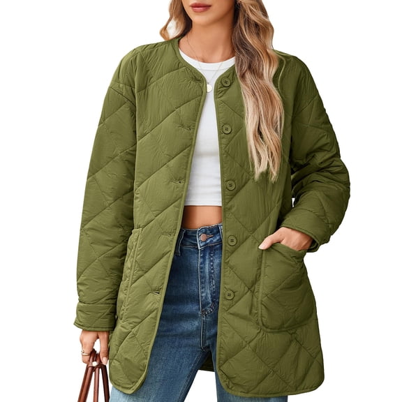 LWavelet Quilted Jacket Women Lightweight Fall Daily Layered Casual Stylish Outerwear Army Green S
