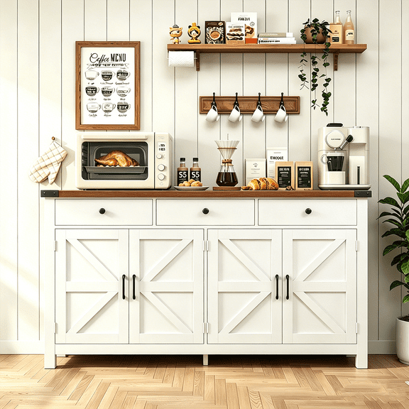 Frmobepts 63"W Kitchen Sideboard Credenza, 4-Doors 3-Drawer Wood Buffet Storage Cabinet with Adjustable Shelves,White