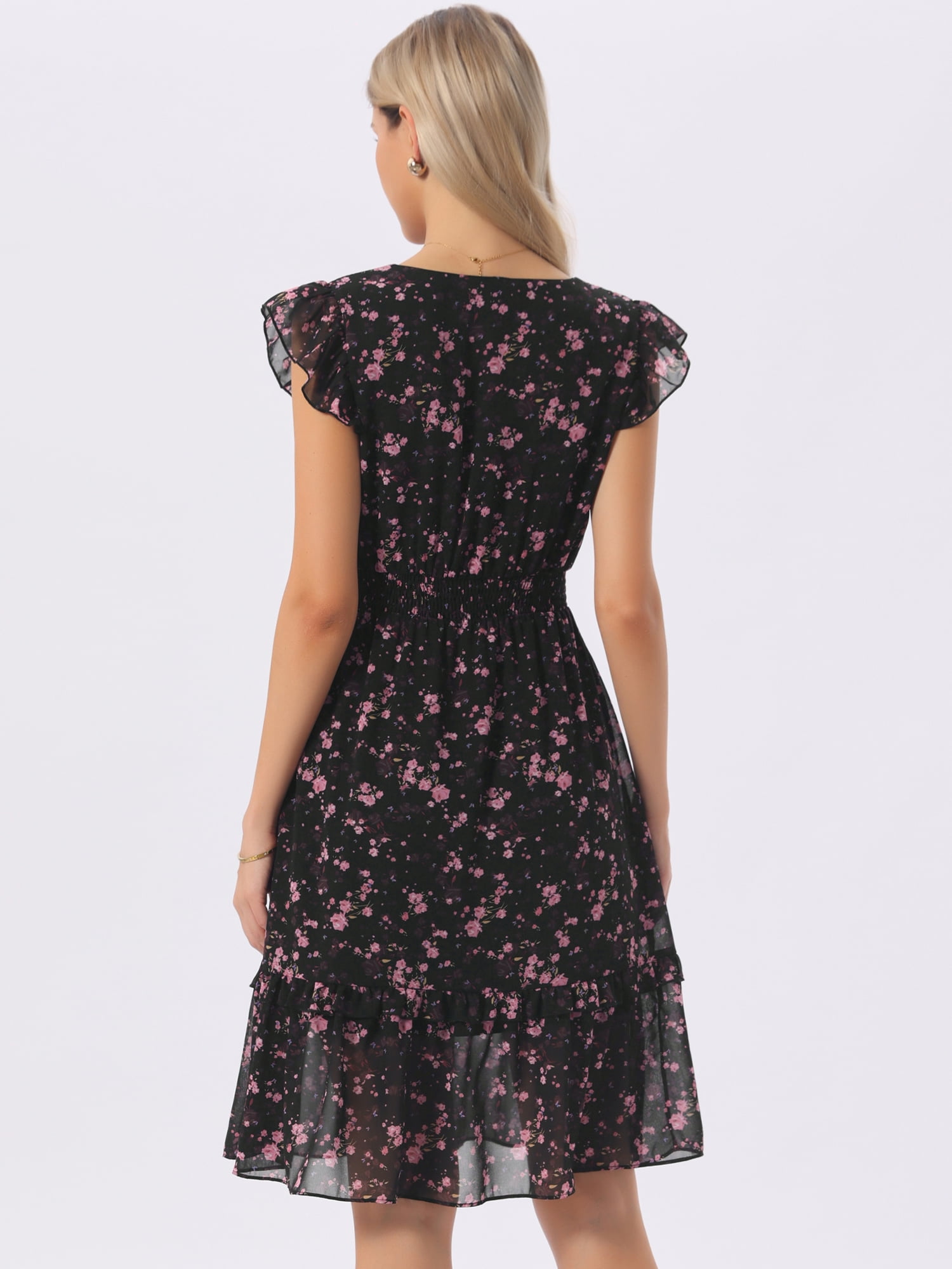 DARING DIVA Women's Floral Summer V Neck Flutter Sleeve Ruffle Dress L Black Pink Flower