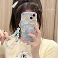 thumbnail image 3 of Compatible for iPhone 13 Pro Max Case with Cute Holographic Sparkly Retro Oil Painting Flowers Design for Girls Woman TPU Slim Floral Cover+Colored Pearls Phone Charm-Green, 3 of 14