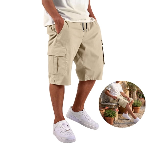 LWavelet Mens Cargo Shorts Elastic Waist Drawstring Casual Work Shorts Summer Hiking Traval Shorts with Pockets