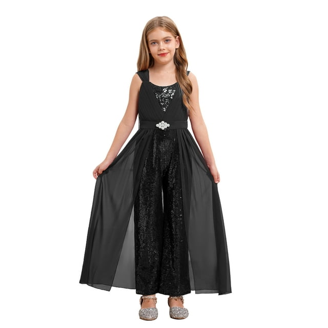 Oyolan Combinaison Longue Formelle Sans Manches à Sequins pour Filles Enfants avec Superposition Noire 8