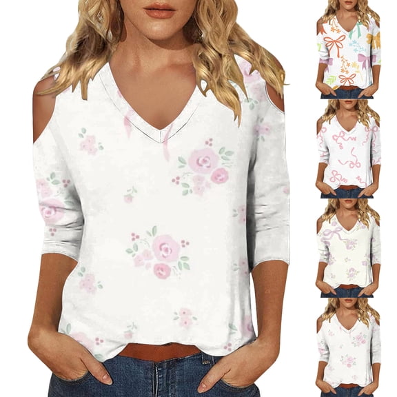 ZDNIXIAN Womens 3/4 Sleeve Tops V Neck Casual Loose Blouse, Spring Summer Fashion Cutout Shoulder Tunic Shirts