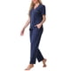 thumbnail image 4 of Conjunto de pijama para mujer INSPIRE CHIC, botón, suave, de manga corta, ropa de dormir, pantalones largos, conjunto de dos piezas, color azul marino, 4 of 6