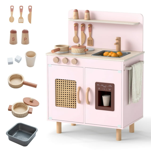 Gymax Play Kitchen w/Realistic Ice Maker Stove Accessories & Water Sink Storage Pink