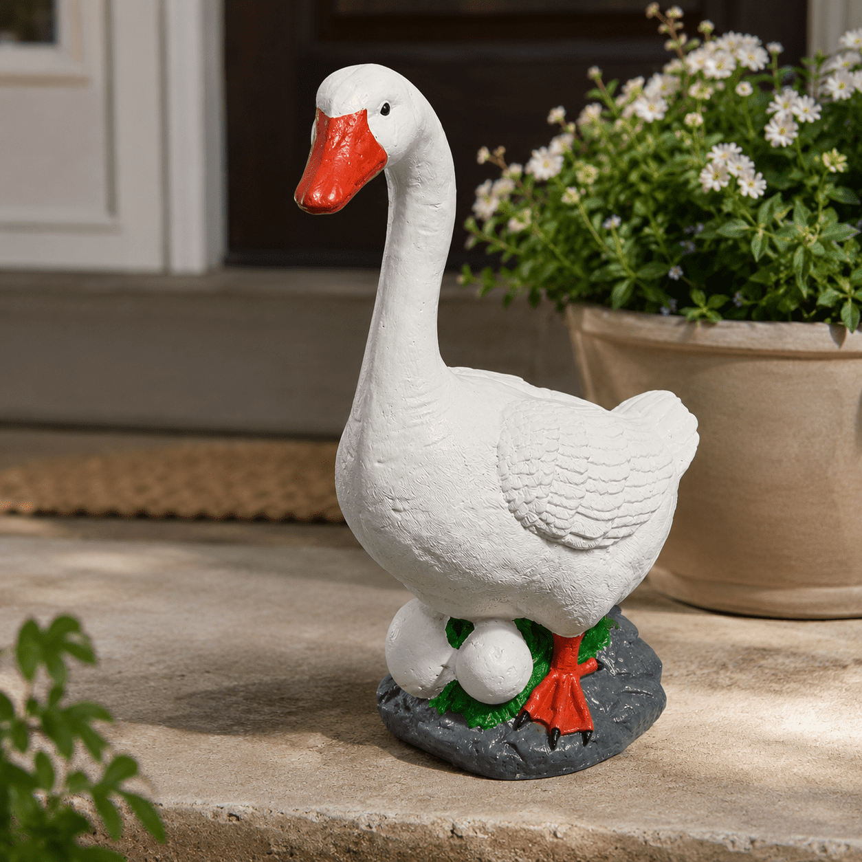 Large 19″ Cement porch Goose Statue, American Dress up goose statue, life-size American sculpture, Bird garden decor, outdoor Gift for mom