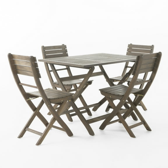 Noble House Bristle Outdoor 5 Piece Acacia Wood Foldable Dining Set, Grey Finish