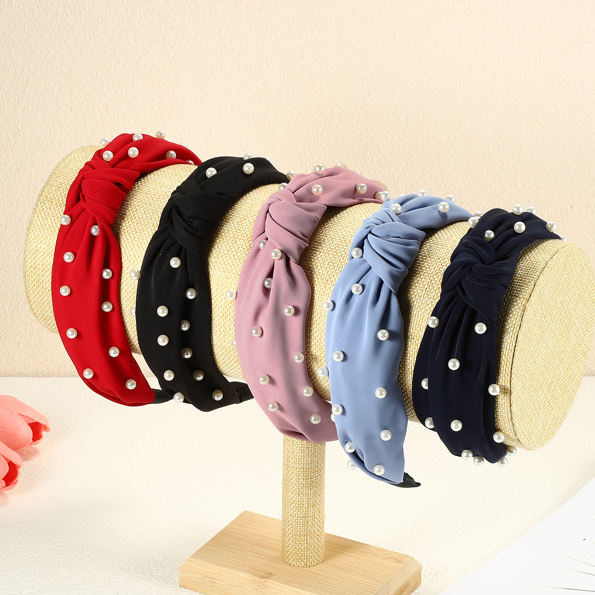 Unique Bargains 1 Pcs Satin Knotted Pearl Headband Hairband for Women 1.1 Inch pink
