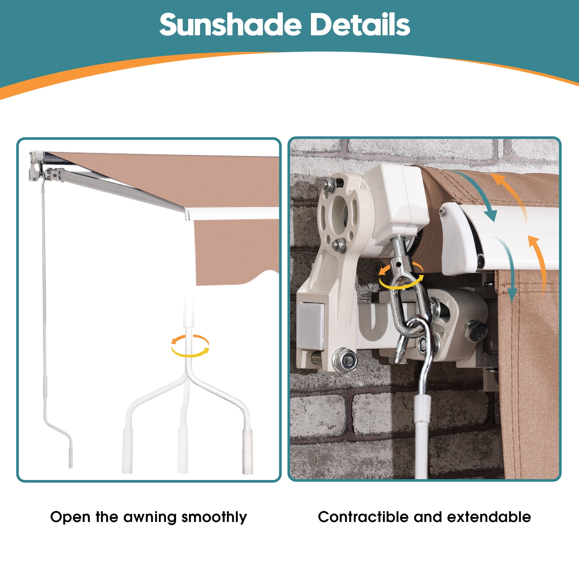MCombo 13'x8' Manual Retractable Patio Awning Sunshade Shelter Window Door Awning Commercial Grade - Quality 100% 280G Polyester Outdoor Canopy Aluminum Frame