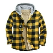TIMEGARD Men's Coat New Flannel Plaid Long Sleeve Hooded Composite Plush Loose Men's Jacket Yellow,XL