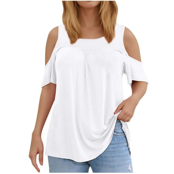 Besolor Women's Plus Size Tops Cold Shoulder Dressy Tunic Blouses Casual Summer Short Sleeve Shirts L-5XL