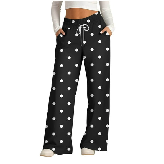 ClodeEU Women's Polka Dot Wide Leg Pants, Casual Printed Loose Fit Drawstring Trousers Black,Womens Plus S