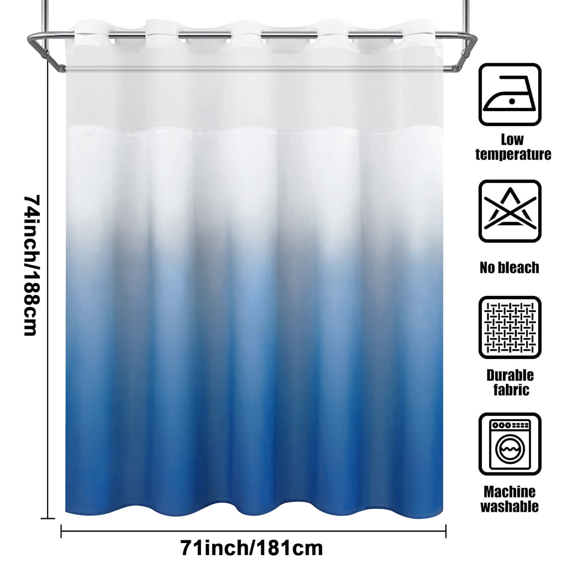 Ikfashoni Blue Ombre Hookless Shower Curtain with Snap in Liner, Waterproof Fabric Mesh Window Bath Curtain, 71"X74"