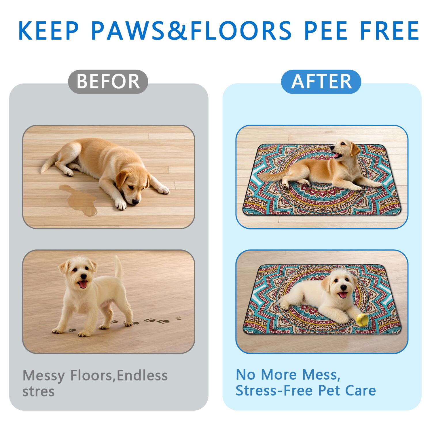 Washable Pee Pads for Small Dogs, 24" x35" Mandala Art, Reliable Potty Solution for Indoor Training, Strong Grip on Tile and Wood Floors.