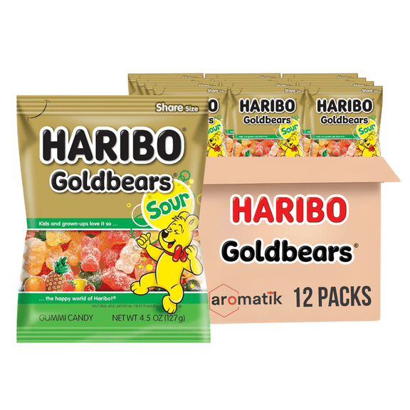 HARIBO Gummi Candy Sour Goldbears | 4.5 -Ounce Bags, Pack of 12 | Sweet & Tangy Sour Gummy Bears | Ships in an Aromatik™ Damage Proof Box