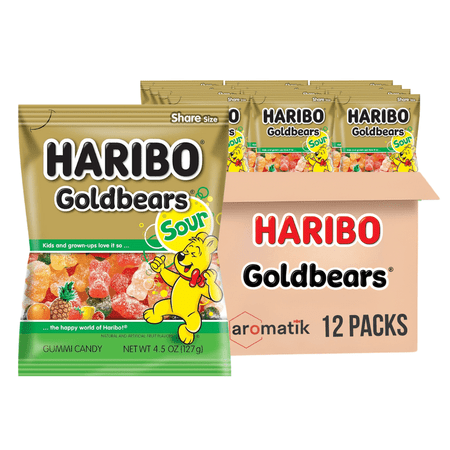 HARIBO Gummi Candy Sour Goldbears | 4.5 -Ounce Bags, Pack of 12 | Sweet & Tangy Sour Gummy Bears | Ships in an Aromatik™ Damage Proof Box