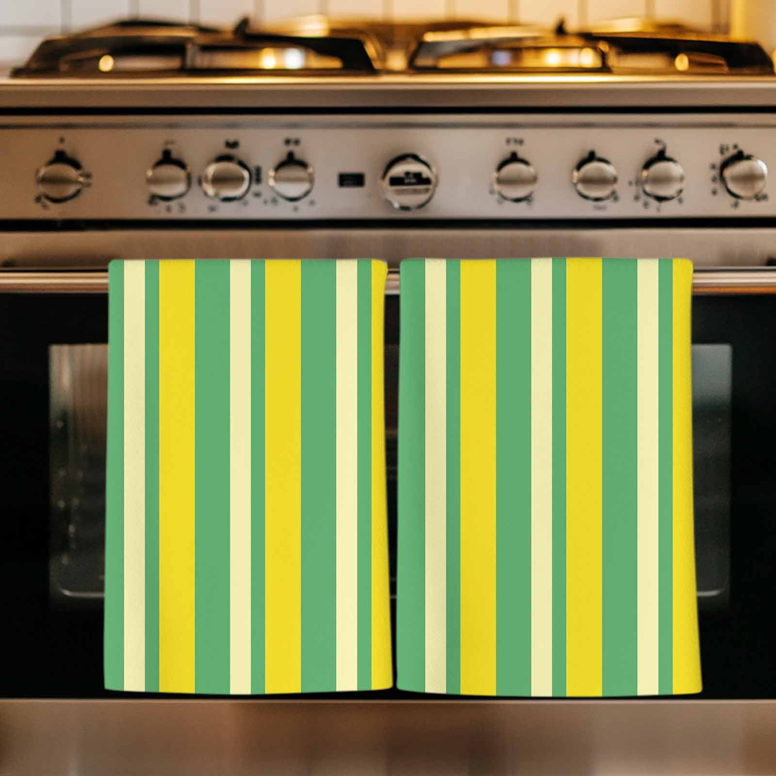 Dish Towels, Lemon Yellow Green Stripes Absorbent Kitchen Towels 2 PCS, Vertical Striped Microfiber Hand Towels Dish Cloths Tea Towels for Home&nbsp;Bathroom Cleaning Drying,18X28-Inch,