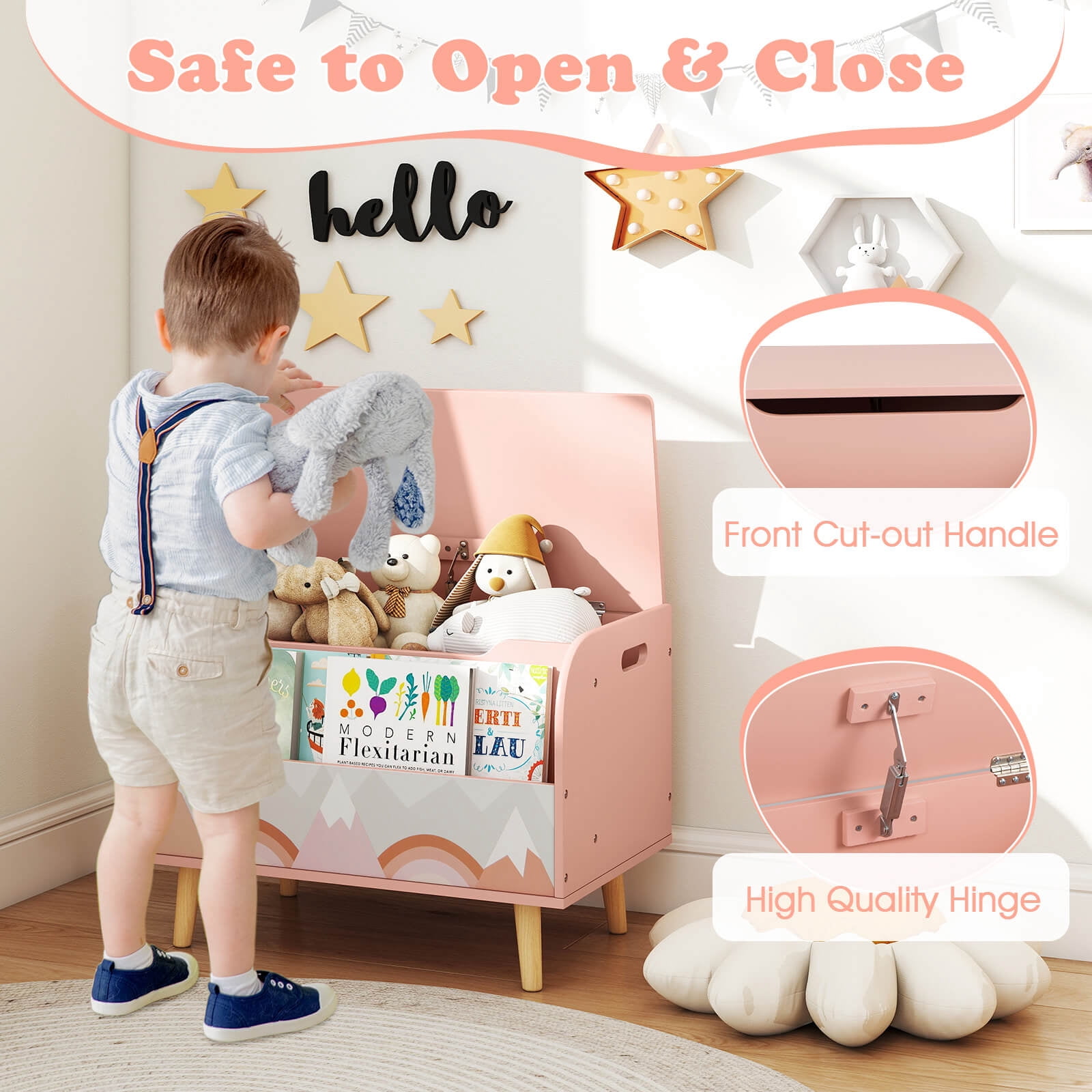 Costway Kids Wooden Toy Box with Front Bookshelf 4 Solid Wood Legs Flip-top Lid for Nursery Pink