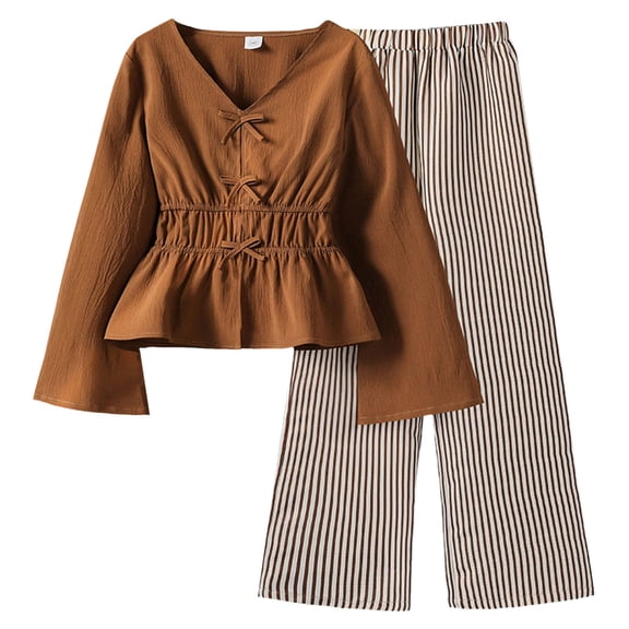 OJSFQUFP Teen Girls Children Fall 2 Piece Set Solid Color Long Sleeved Shirt and Long Pants (8-13Y)