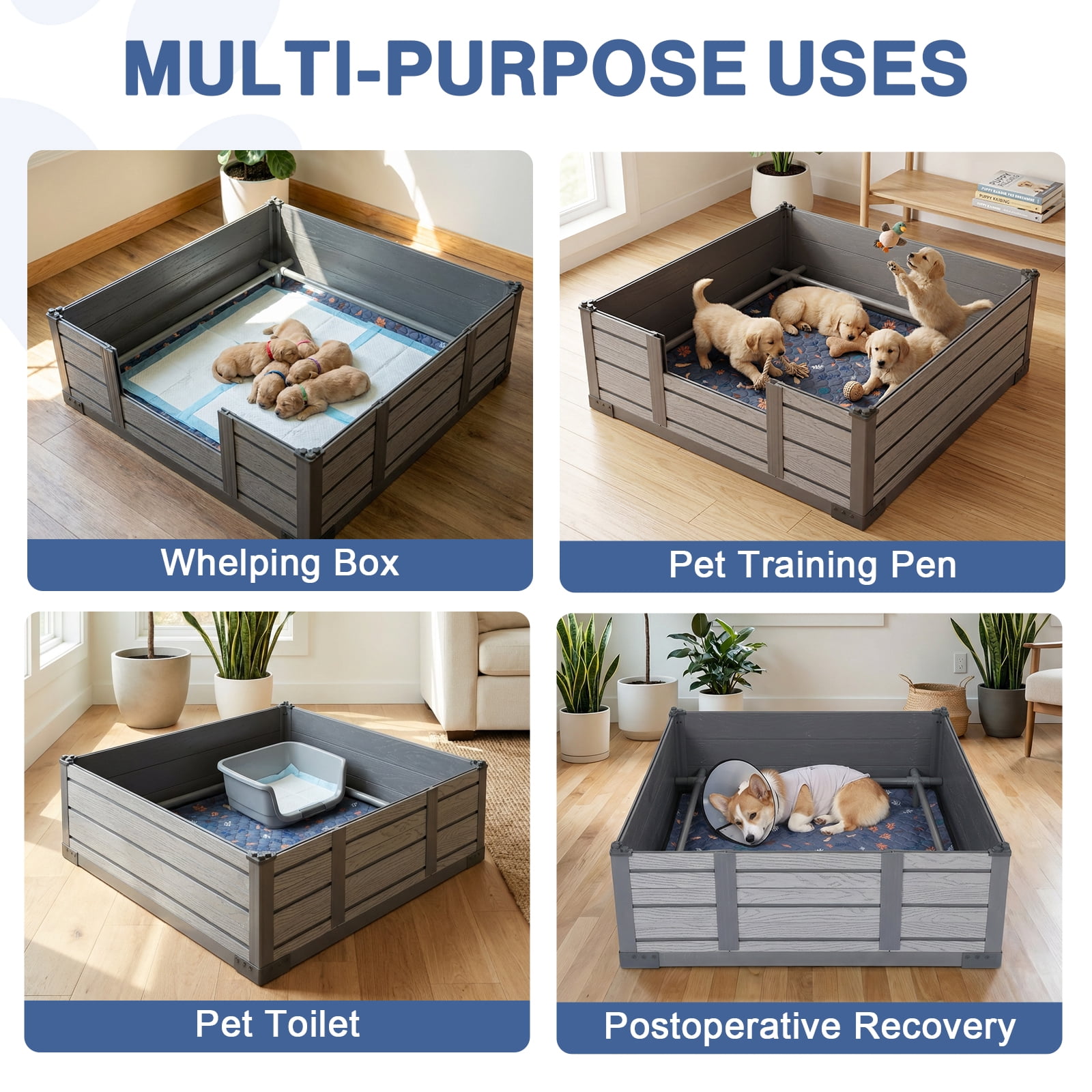 PureWags 46'' x 46'' x 18'' Pet Whelping Box Kit with Built-in Floor and Reusable Potty Pad, Puppy Playpen for Small to Large Breeds, Non-Toxic PP Material for Newborn Safety