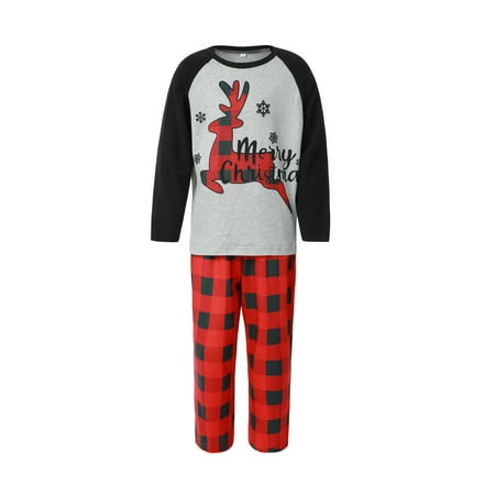 

Biekopu Matching Family Christmas Pajamas Letter Elk Raglan Tops + Plaid Pants