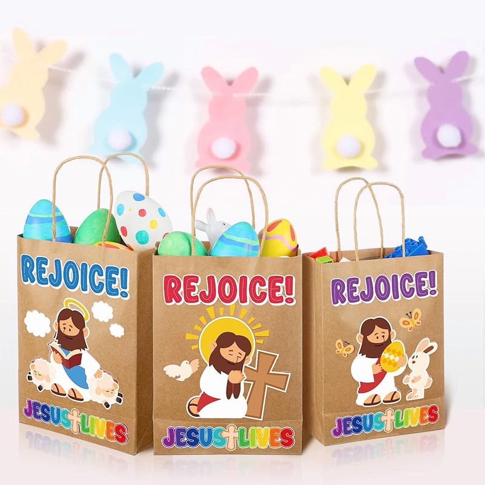 20 Pcs Easter Religious Gift Bags Bulk Christian Kraft Paper Rejoice Goody Bags with Handles Eggs Hunt Easter Theme Bible Sunday School Party Favor