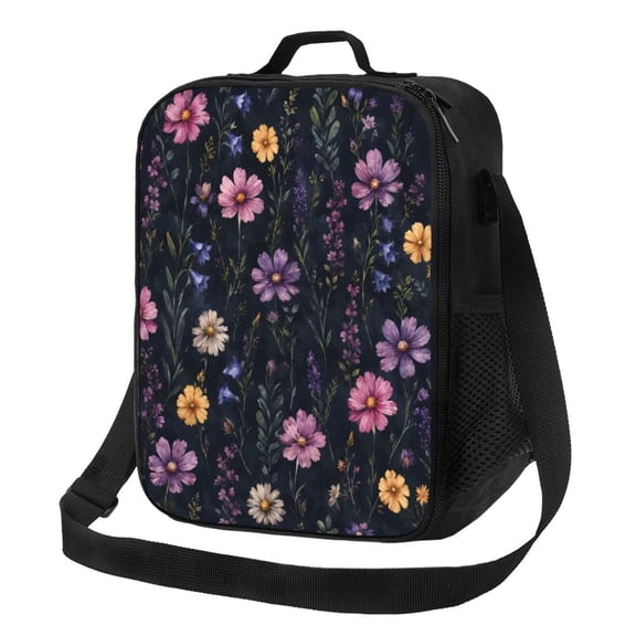 Dark Wildflower Lunch Bag Insulated Thermal Lunch Box with Shoulder Strap & Handle for Women and Men