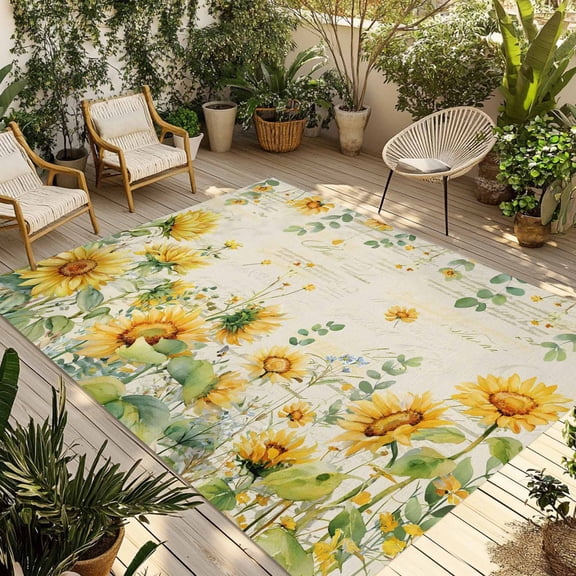Sunflower Outdoor Rug for Patio/Deck/Porch, Non-Slip Large Area Rug 5 x 7 Ft, Summer Eucalyptus Botanical Floral Vintage Indoor Outdoor Rugs Washable Area Rugs, Reversible Camping Rug Carpet Runner