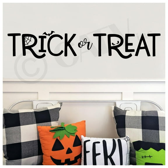 Halloween Trick or Treat (one line) Vinyl Lettering wall decal (10"H x 55"L Black)