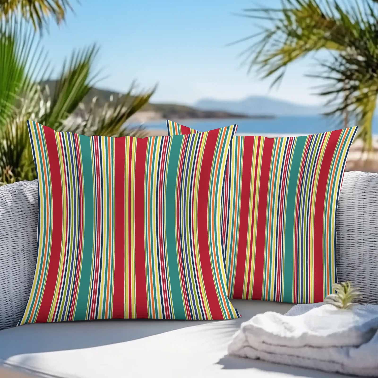 Outdoor Waterproof Throw Pillow Covers Set of 2 Red Striped Decorative Pillowcases Square Outdoor Pillows Cushion Case 16x16 Inch Geometric Green Yellow Stripes Patio Pillows for Couch Sofa Bed