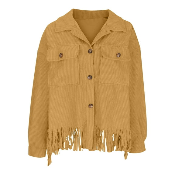 XFLWAM Womens Cropped Corduroy Jacket Casual Button Down Shacket Coat Solid Color Tassel Fringe Jacket with Pocket Khaki S