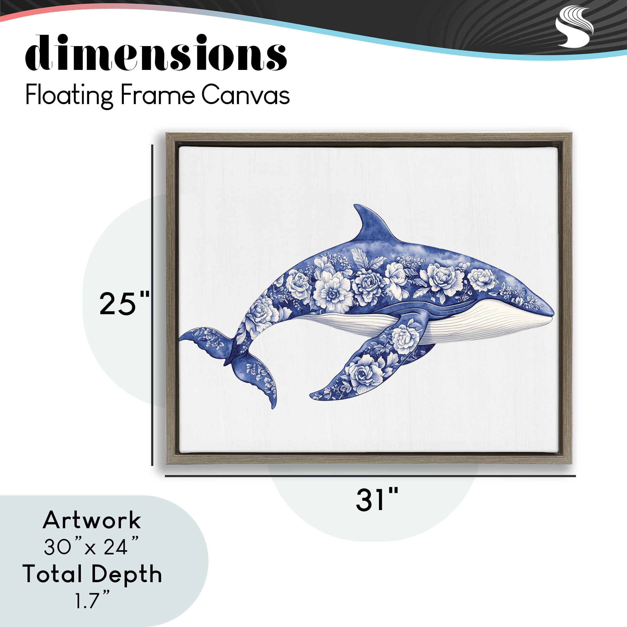 Floral Toile Whale Brown Framed Floater Canvas Wall Art, design by Lettered and Lined