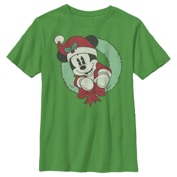 Boy's Mickey & Friends Festive Mickey Mouse Wreath  Graphic Tee Kelly Green X Large