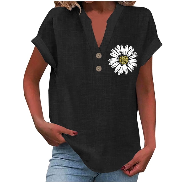 Yuyuzo Plus Size Tops for Women Cotton Linen Short Sleeve T-Shirts Button V Neck Loose Soft Blouses