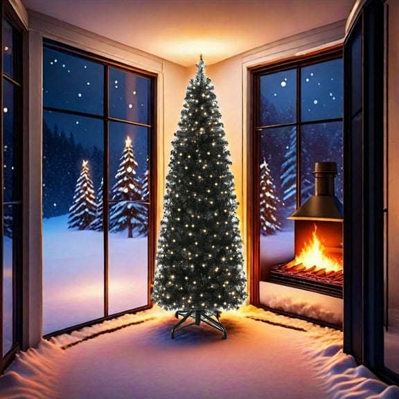 6ft Pre- Lit Artificial Pencil Christmas Tree, Black Hinged Slim Halloween Christmas Tree for Home, Office, Party Decoration with 700 Branch Tips and 200 Lights