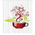 thumbnail image 3 of Tea Party Shower Curtain, Cup with Circles and Spirals Flying Out Leafy Details Natural Flourishes, Fabric Bathroom Set with Hooks, 69W X 75L Inches Long, Green Paprika White, by Ambesonne, 3 of 3