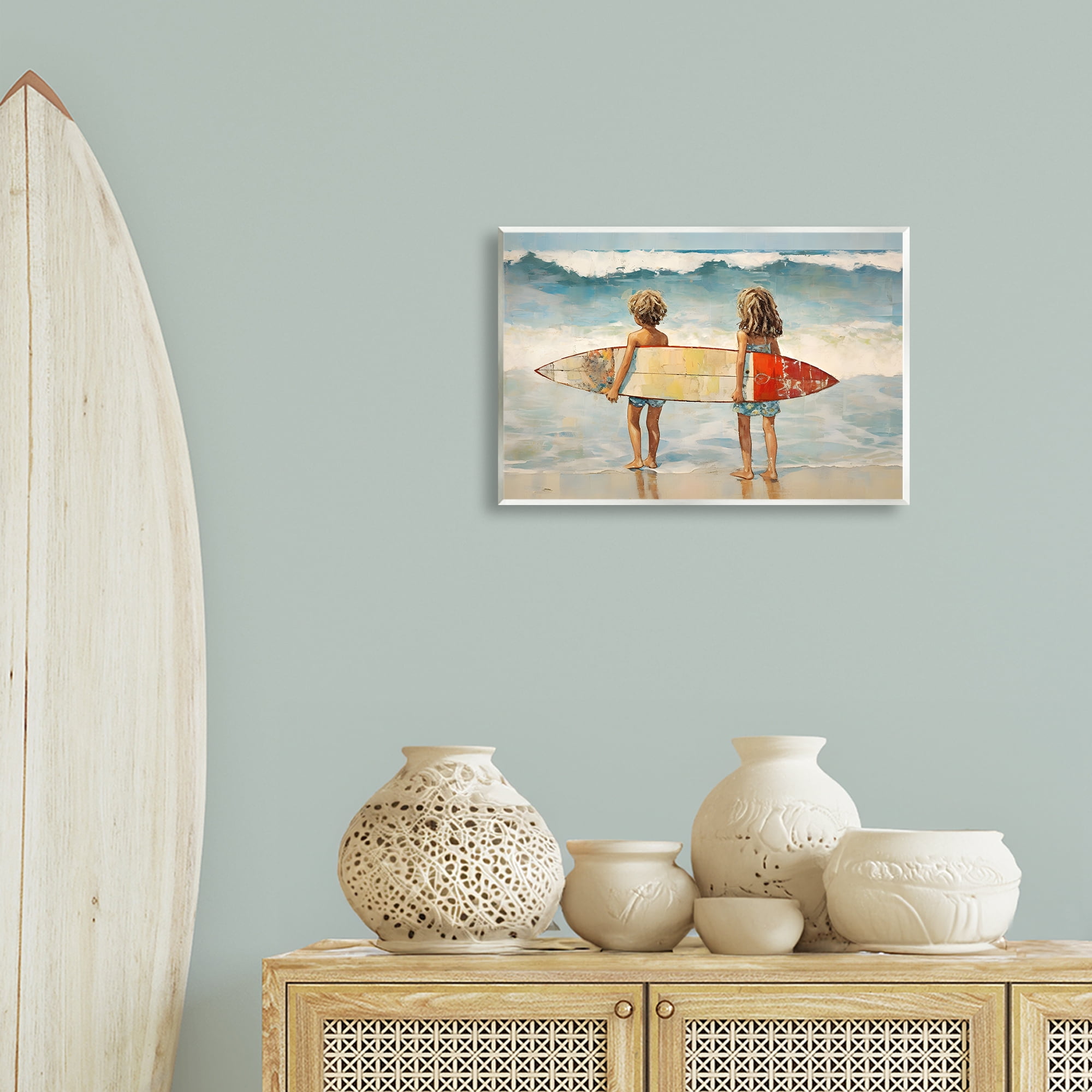 Stupell Industries Kids with Surf Waves People Painting Unframed Art Print Wall Art, 19 x 13