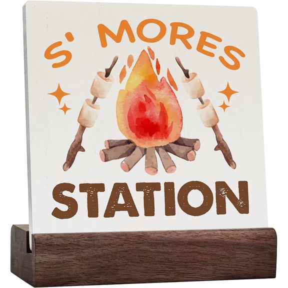 Smores Station Camping Sign Rustic Camper Campfire Ceramic Table Sign Decorative Country Sign Plaque For Home Desk Table Shelf Decor