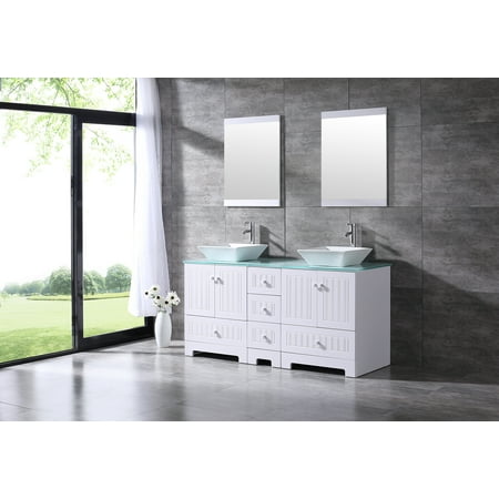 Bathroom Double 60? Tempered Glass Vanity Top Cabinet Solid Wood w/Mirror Faucet