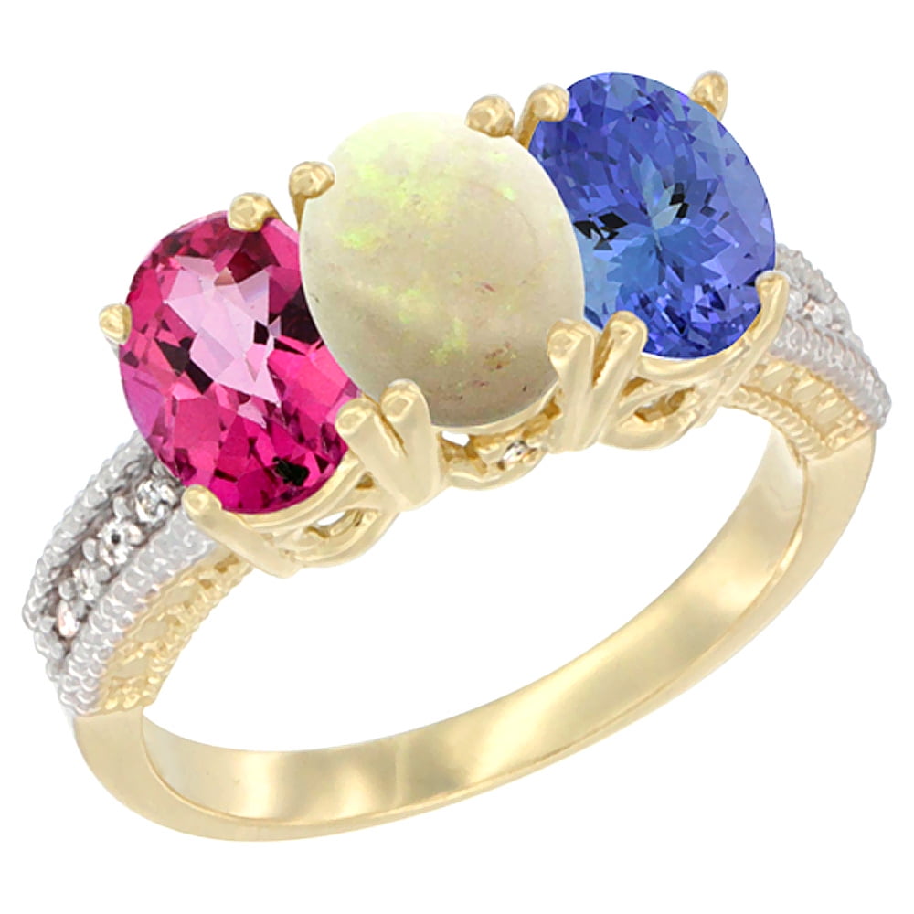 10K Yellow Gold Diamond Natural Pink Topaz, Opal & Tanzanite Ring 3-Stone 7x5 mm Oval, sizes 5 10 by WorldJewels