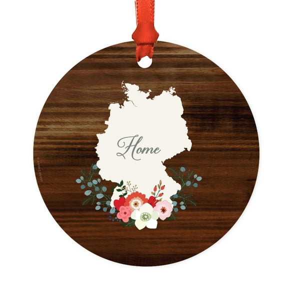 Round Metal Christmas Ornament, Rustic Wood with Florals Home, Germany, Includes Ribbon and Gift Bag