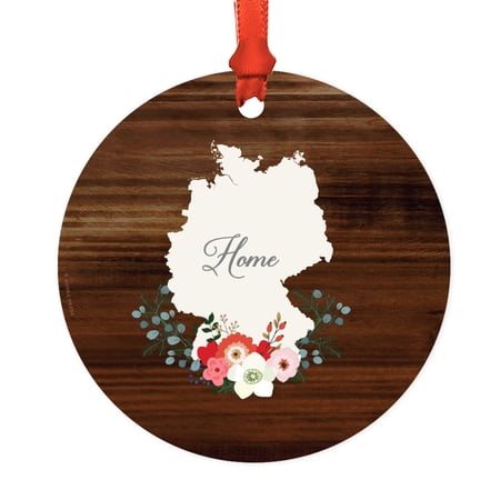 Round Metal Christmas Ornament Rustic Wood with Florals Home Germany Includes Ribbon and Gift Bag
